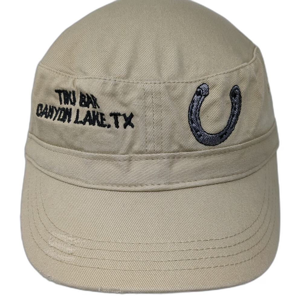 District Threads Army Cap Beige One Size Tiki Bar Canyon Lake TX Horseshoe Hat